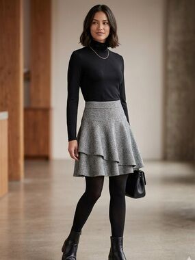 ZARA Basic Collection XS Grey Tweed Layered Ruffle Mini Skirt